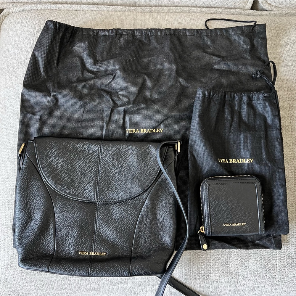 ECU VERA BRADLEY MEREDITH Black Leather Crossbody Bag and Matching Wallet
